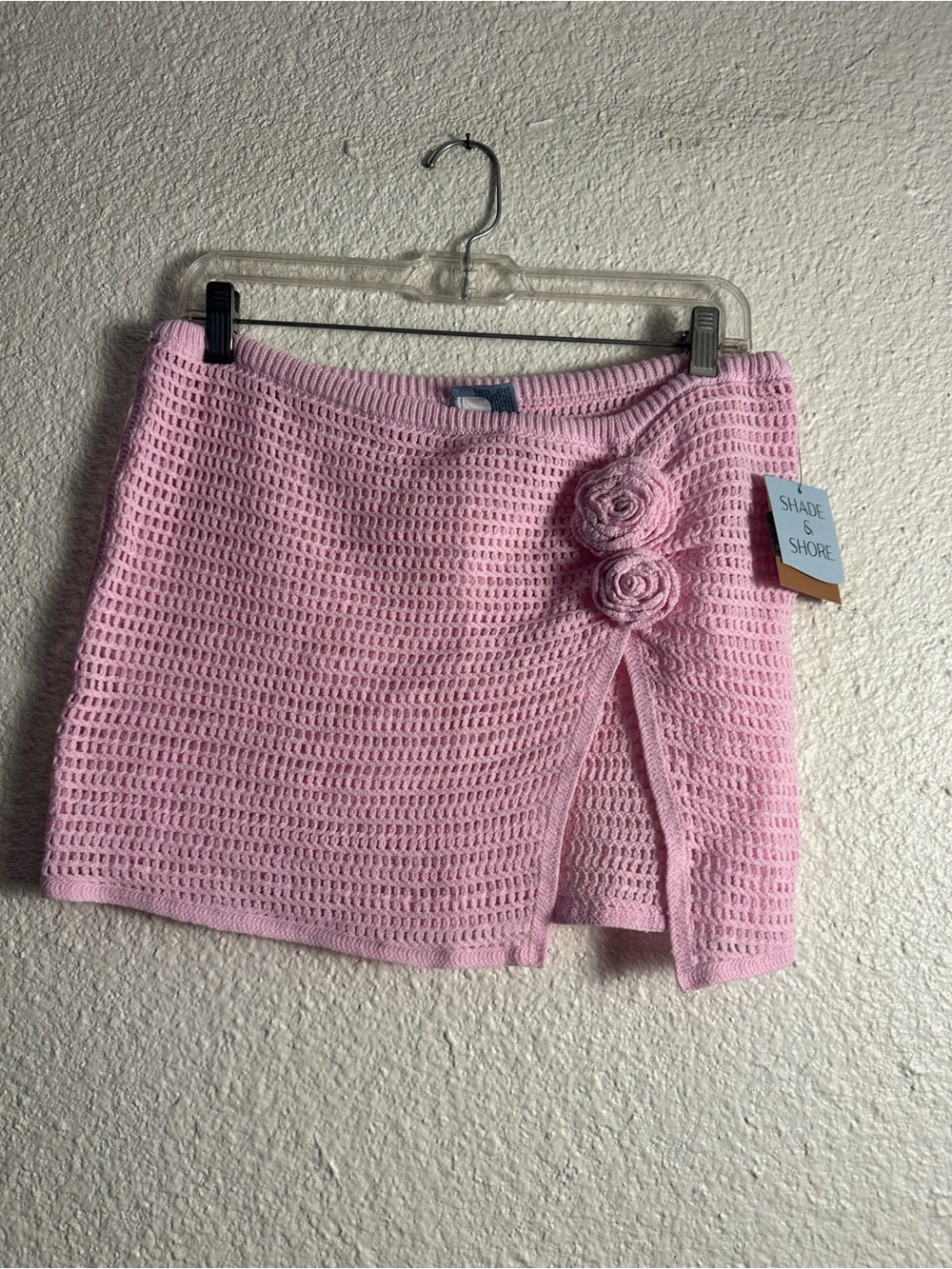Shade & Shore Light Pink Crochet Mini Skirt with Floral Accents